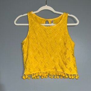 Xhilaration Yellow Textured Crop Top with Pom Pom Trim